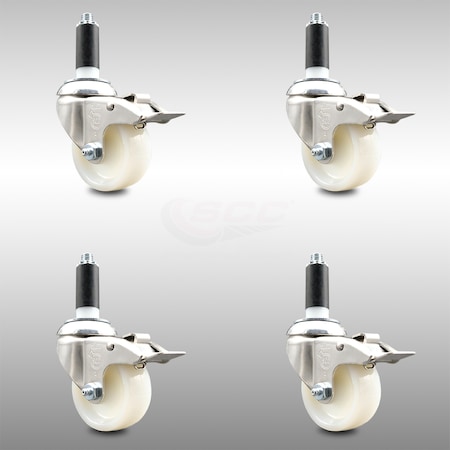 Service Caster 3 Inch 316SS Nylon Wheel Swivel 1-1/8 Inch Expanding Stem Caster Set Lock Brake SCC-SS316TTLEX20S314-NYS-118-4
